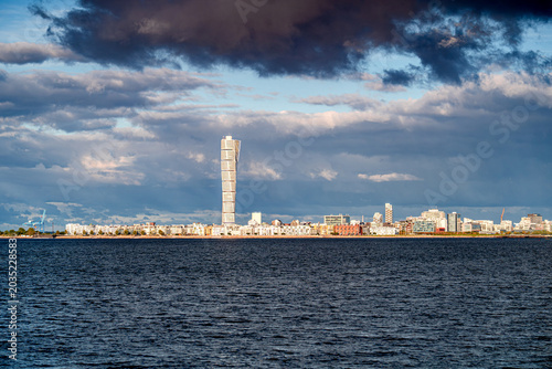 Seaside panorama of Malmo with Turning Torso skyscraper, Sweden.