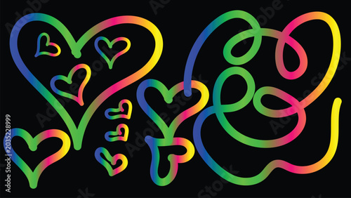 Neon pink and green heart shaped squiggles on black background