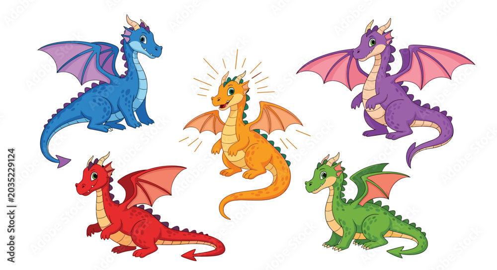 Obraz premium Collection of five adorable cartoon baby dragons in vibrant colors including blue, yellow, purple, red, and green.