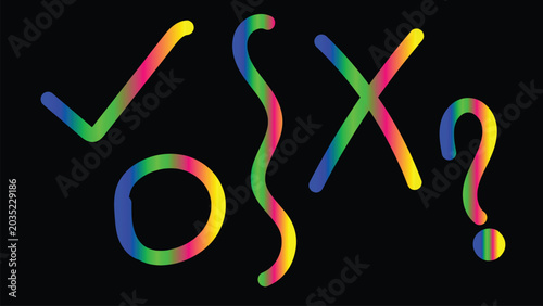 Vibrant multicolored question mark and letter o on dark background