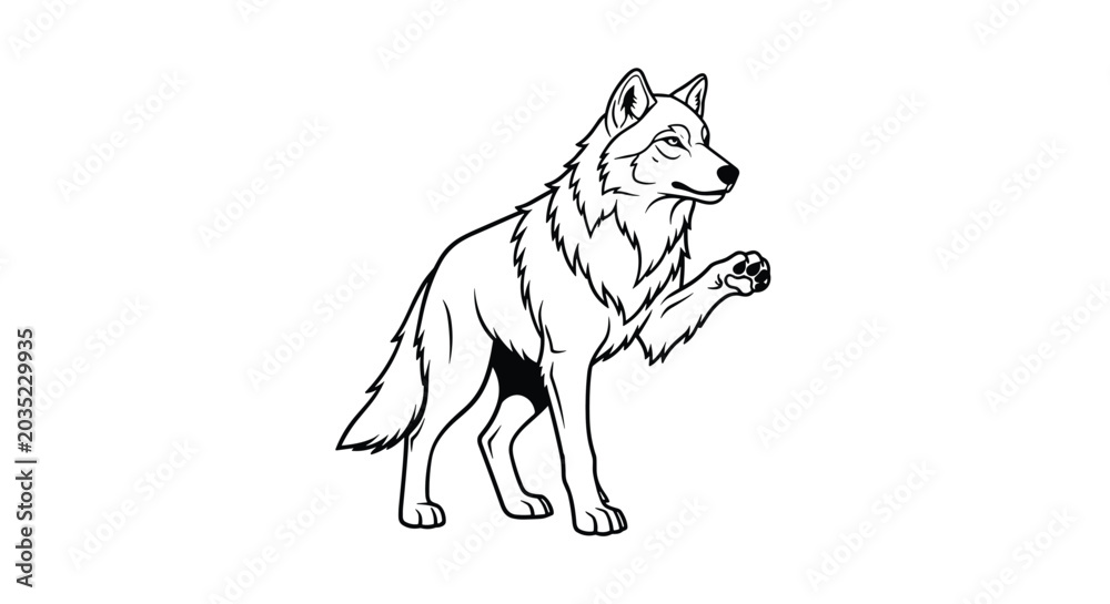 Obraz premium Detailed black and white outline of a wolf standing and raising one paw for coloring pages or wildlife educational material use.