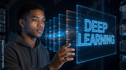 Deep learning concept with person and glowing holographic layered neural planes with lettering in a dark data center