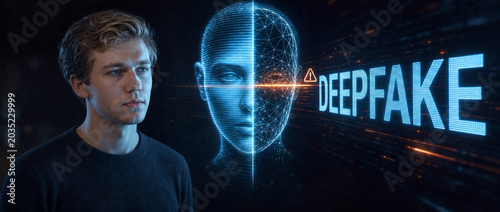 Deepfake concept with person and a glowing holographic split synthetic face with warning and lettering on a dark background