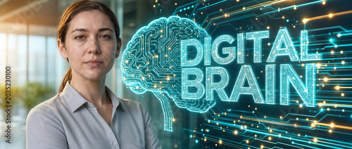 Digital brain concept with person and a glowing holographic circuit brain with lettering in a bright office