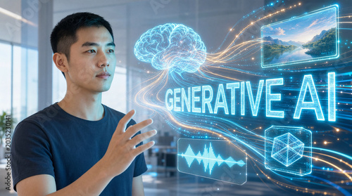 Generative AI concept with person and glowing holographic brain generating image sound and 3D outputs with lettering