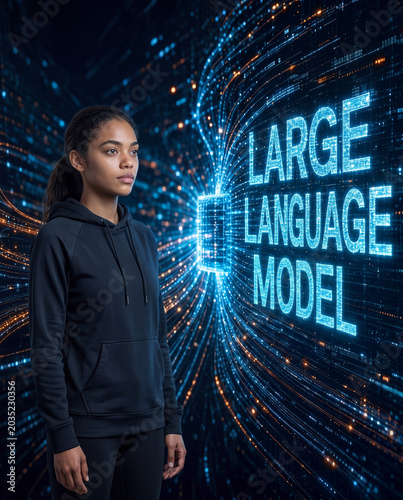 Large language model concept with person and a glowing holographic data tunnel with lettering vertical format dark background