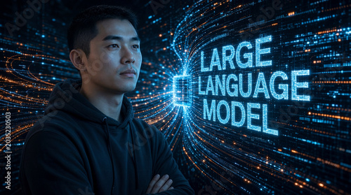 Large language model concept with person and a glowing holographic data tunnel with lettering on a dark background