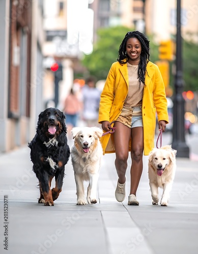 A woman walks three dogs down a city sidewalk