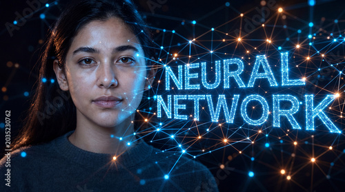 Neural network concept with person and glowing holographic node network with lettering on a dark background