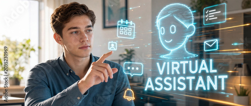 Virtual assistant concept with person and a glowing holographic assistant avatar with calendar mail and task icons and lettering