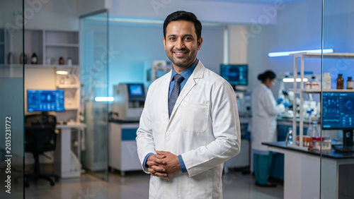 Professional Indian doctor wearing a white lab coat standing confidently inside a modern hospital laboratory with medical equipment and healthcare staff in the background.