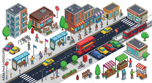 Foto Isometric City Street Scene With Buildings Vehicles And Pedestrians