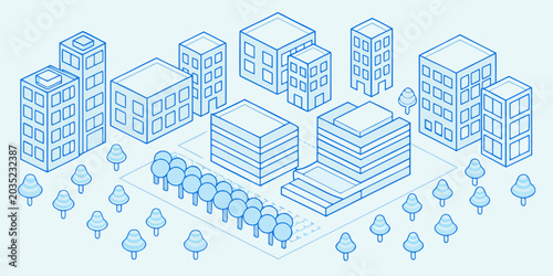 Isometric Cityscape With Buildings And Trees Blue Line Vector Illustration