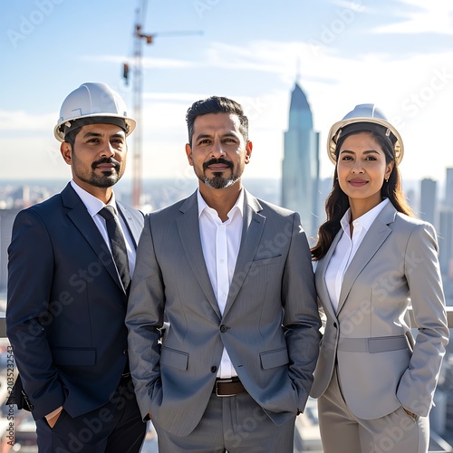 Three professionals in business attire and hard hats on a rooftop