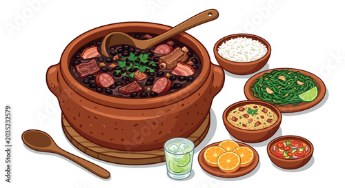 Schilderij op canvas Feijoada stew with accompaniments vector illustration on white background
