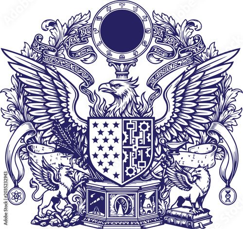 Valokuva Majestic royal eagle shield logo with classical allegorical symbols