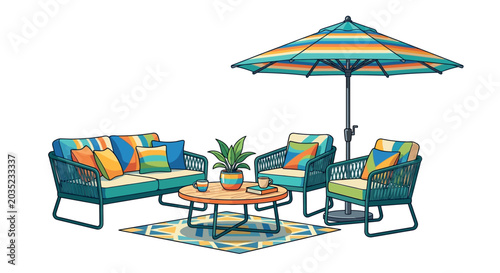 Patio Furniture Set With Striped Umbrella Vector Illustration