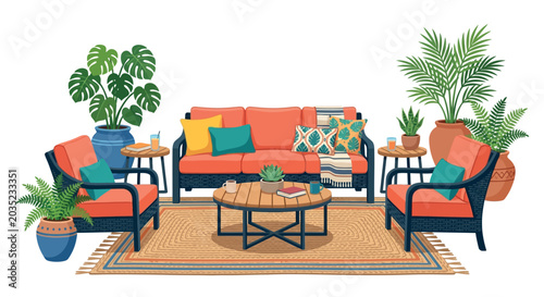 Outdoor Living Room Scene With Plants Vector Illustration