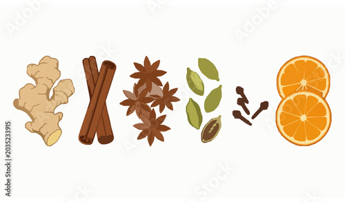 Foto Culinary Aromatic Spice Vector Set with Cinnamon Cardamom Clove Orange and Ginge