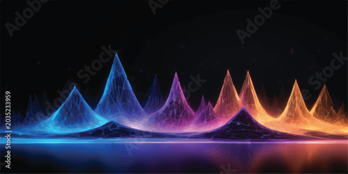 Foto Abstract mountain peaks made of glowing particles in blue purple orange with abs