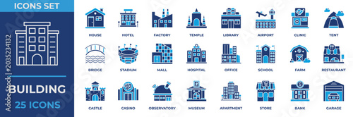 Building Icon Collection Set. Containing icon building, house, hotel, factory, library, airport, clinic, tent, bridge, stadium, mall, hospital, airport, office and more. Flat Blue Vector Illustration.