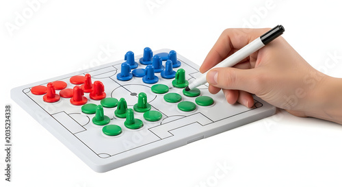 Hand holding a marker on a magnetic tactical board for sports coaching, featuring red, blue, and green player magnets on a white football pitch layout, isolated on a white background.