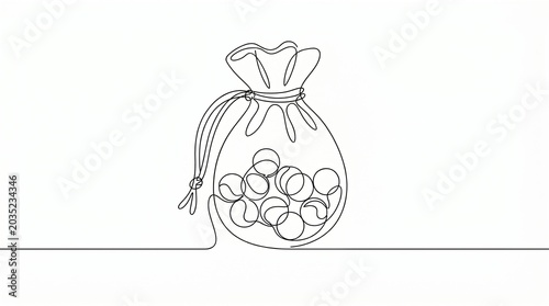 Continuous one line drawing of a money bag filled with coins