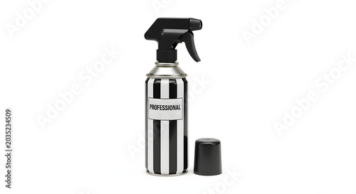 3D illustration of a professional soccer referee vanishing spray foam canister with a black and white striped pattern and trigger applicator, isolated on a white background.