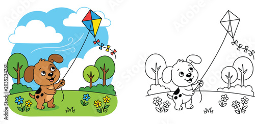 Obraz na plátně Cute puppy flying a kite coloring book page set with colored example and black a