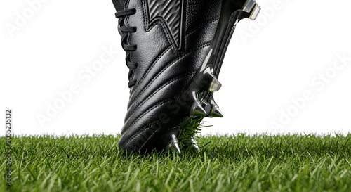 Close-up side view of a black leather soccer cleat with silver metal studs pressing into lush green grass isolated on a white background, highlighting sports equipment detail.