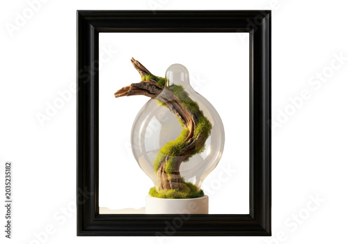 Moss terrarium in glass bulb in black frame isolated on transparent background