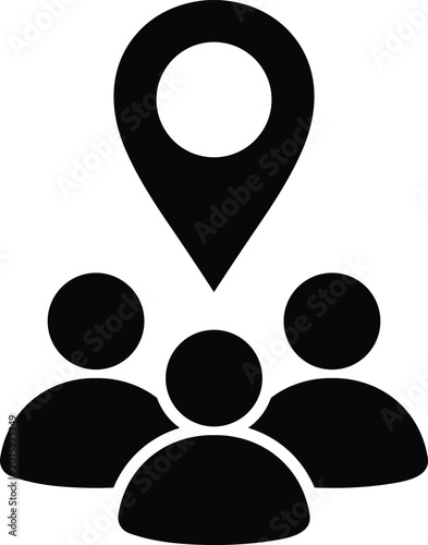 Black location pin above group of three abstract people on white background, marker