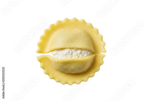 Single fresh ravioli pasta with ricotta filling isolated on transparent background