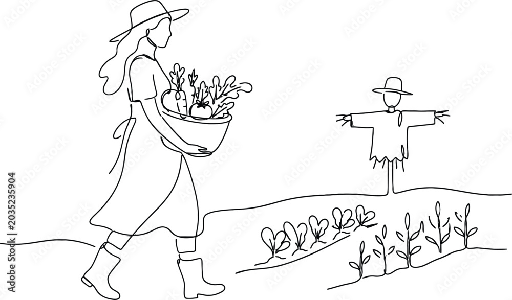 Fototapeta premium Woman in white dress holding bouquet of purple flowers standing in a field with a hot air balloon in background