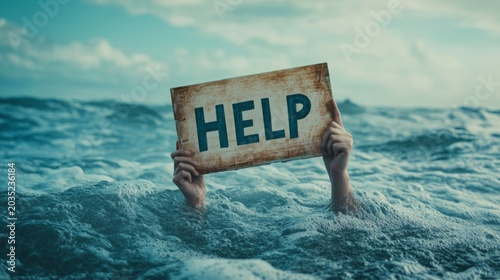 Desperate person holding a help sign while struggling in rough ocean water, symbolizing danger, survival, emergency, crisis, mental health, rescue, fear, stress, and the urgent need for support.
