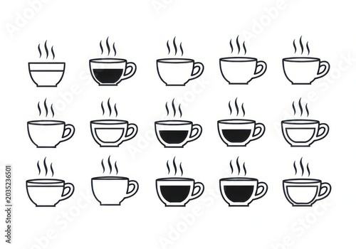 Collection of coffee cups with different fill levels and steam