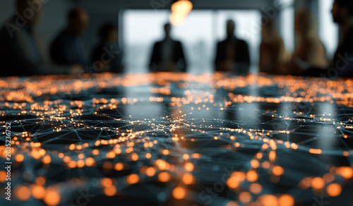Futuristic data communication and AI technology integration in corporate boardroom meeting.