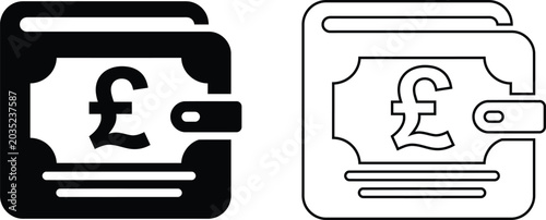 Cuadro en lienzo British pound sterling money wallet vector icon set featuring a solid black silhouette and line outline graphic for finance, banking, and cash payment UI design