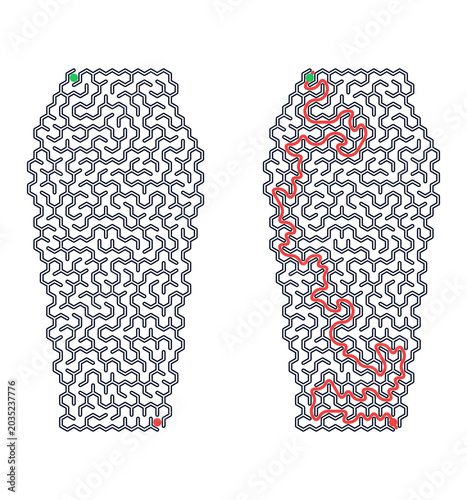 Coffin silhouette maze puzzle spooky halloween game template, Simple maze design with red path and green start-finish points  