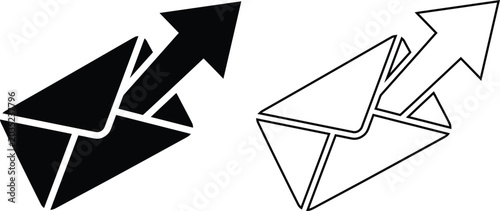 Slika na platnu Send mail or outgoing message vector icon set featuring a solid silhouette and outline envelope with an outward pointing arrow for digital web app UI and communication design
