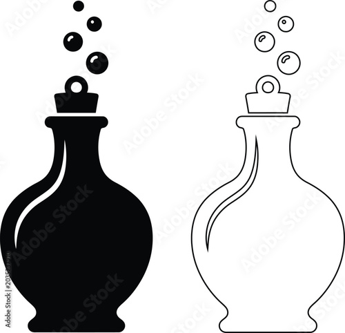 Bild auf Leinwand Magic potion bottle vector icon set featuring a bubbling elixir flask silhouette and outline graphic, perfect for fantasy alchemy, witchcraft spells, and Halloween science chemistry designs