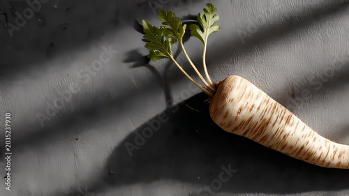 minimalist composition of horseradish root on dark background