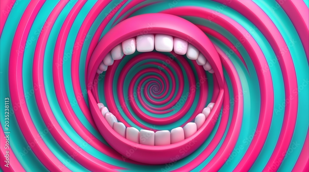 Fototapeta premium Open mouth with white teeth against pink and blue spiral background. Surreal 3D abstract art exploring dental health and optical illusion concepts.
