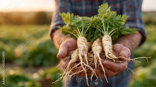 farmer holding freshly harvested horseradish roots in countryside field