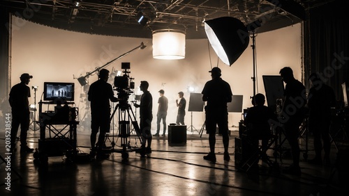 Professional film production studio with camera crew lighting equipment and actors on cinematic set