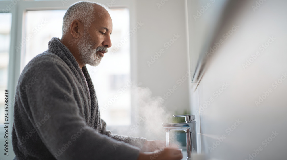 Fototapeta premium Mature man washing hands with hot water