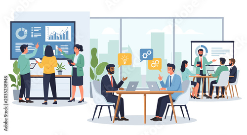 Business professionals collaborating in a modern office environment, analyzing data and discussing ideas during meetings and presentations.