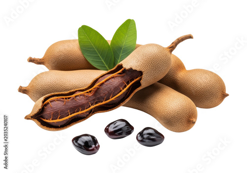 Fresh tamarind fruits with green leaves and seeds isolated on transparent background