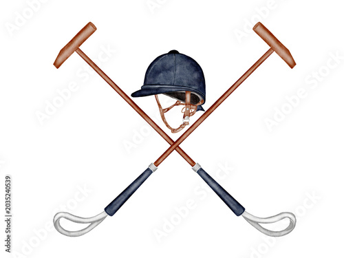 Bild auf Leinwand Watercolor illustration of a polo mallet and a helmet
