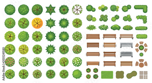Tableau sur toile Trees Benches And Landscape Elements Vector Illustration On White Background